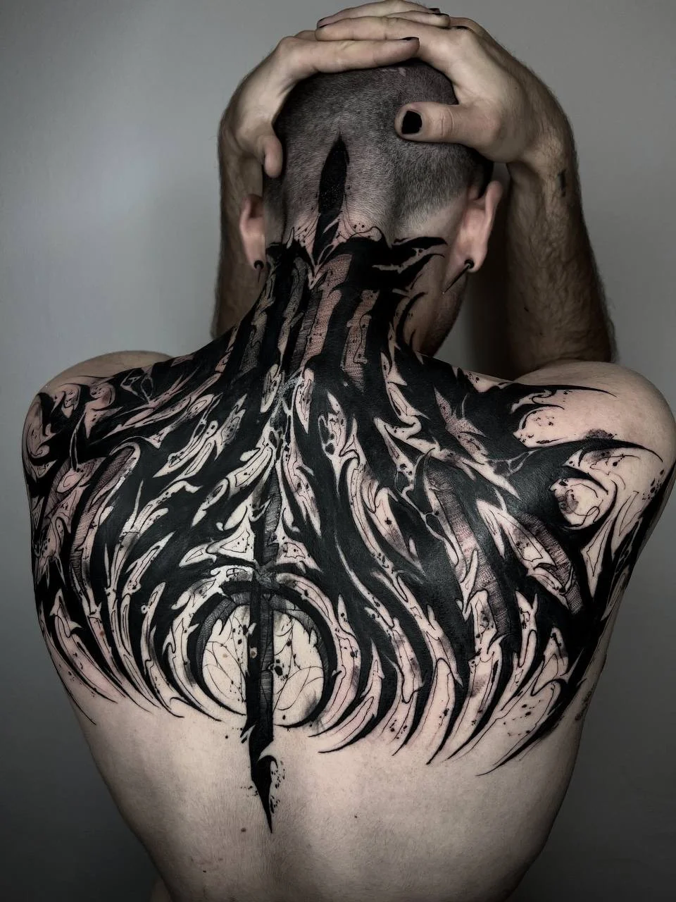 Heavy Blackwork and Script - Calligraphy tattoo by Skezy