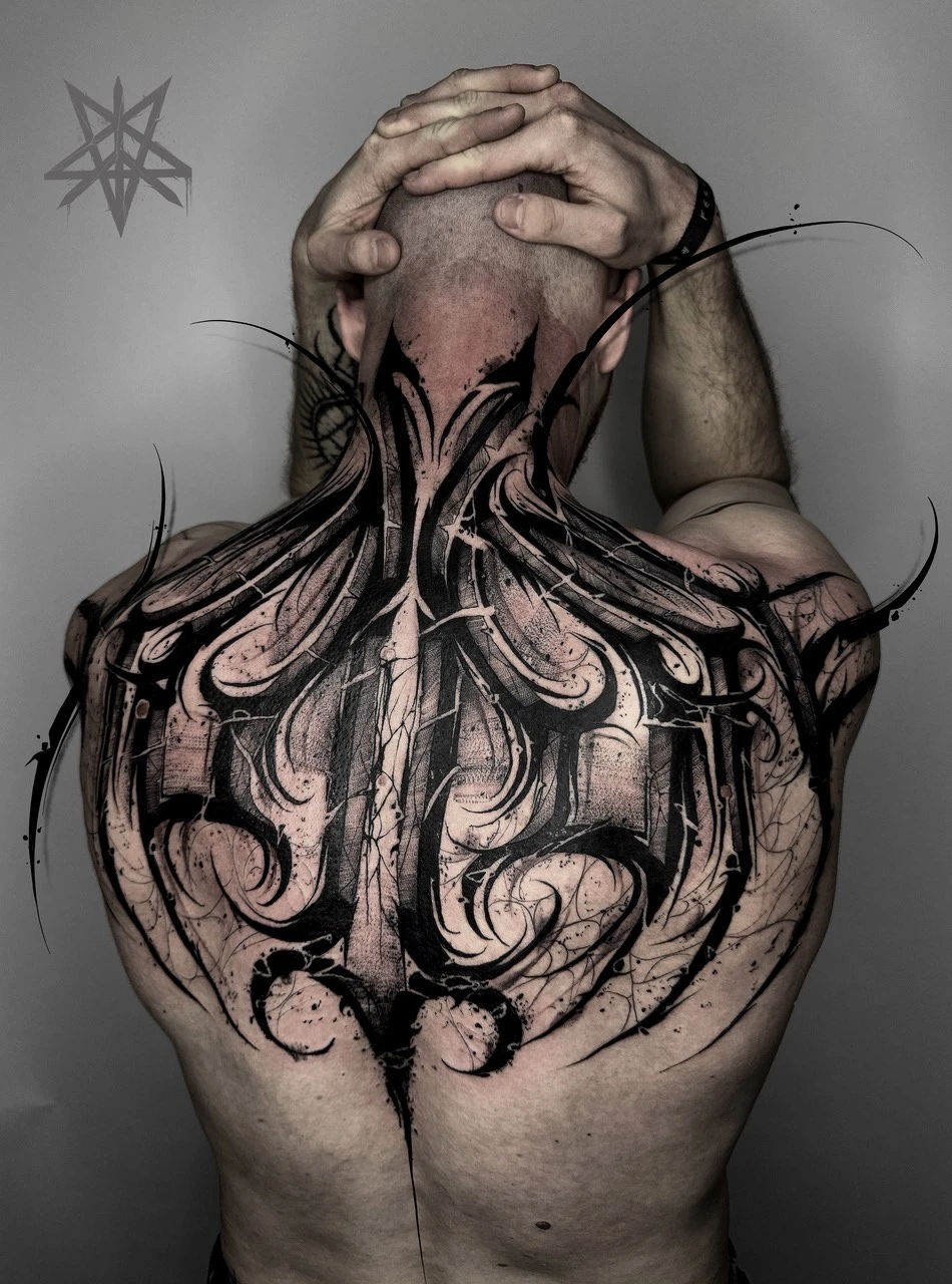 Heavy Blackwork and Script - Calligraphy tattoo by Skezy