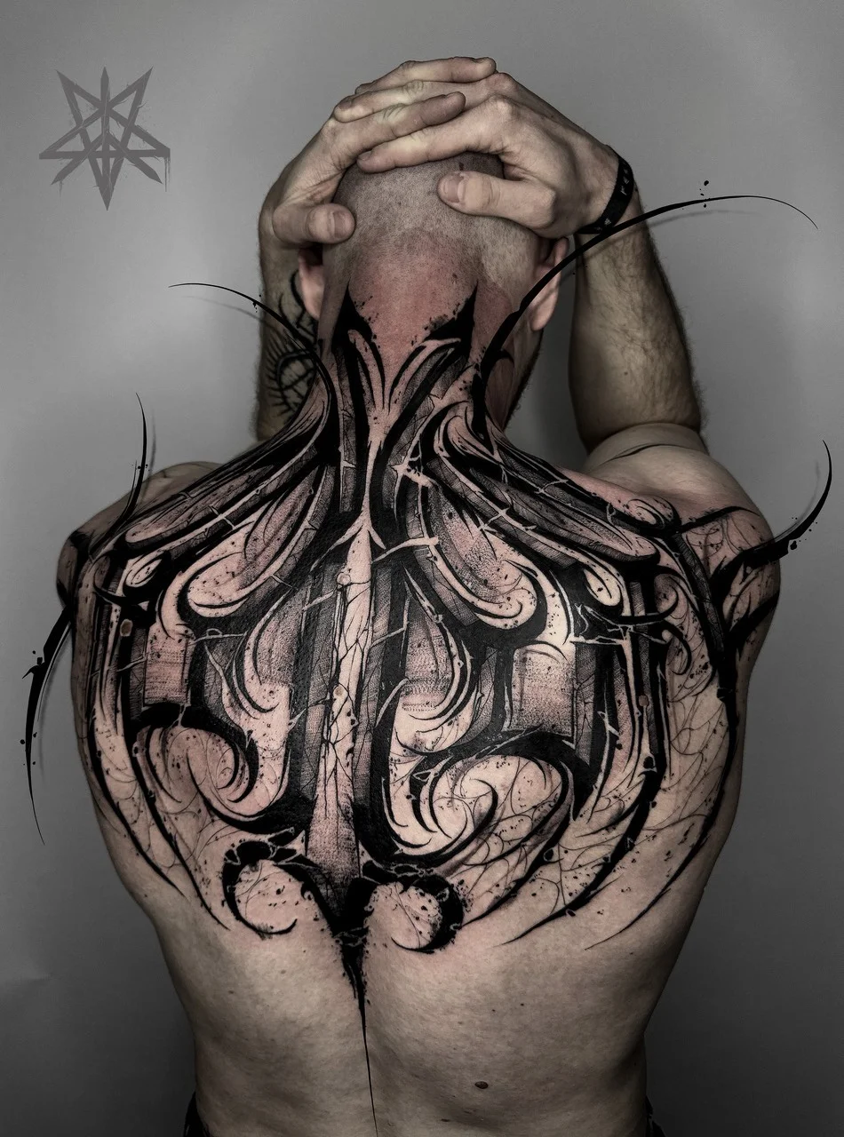 Heavy Blackwork and Script - Calligraphy tattoo by Skezy