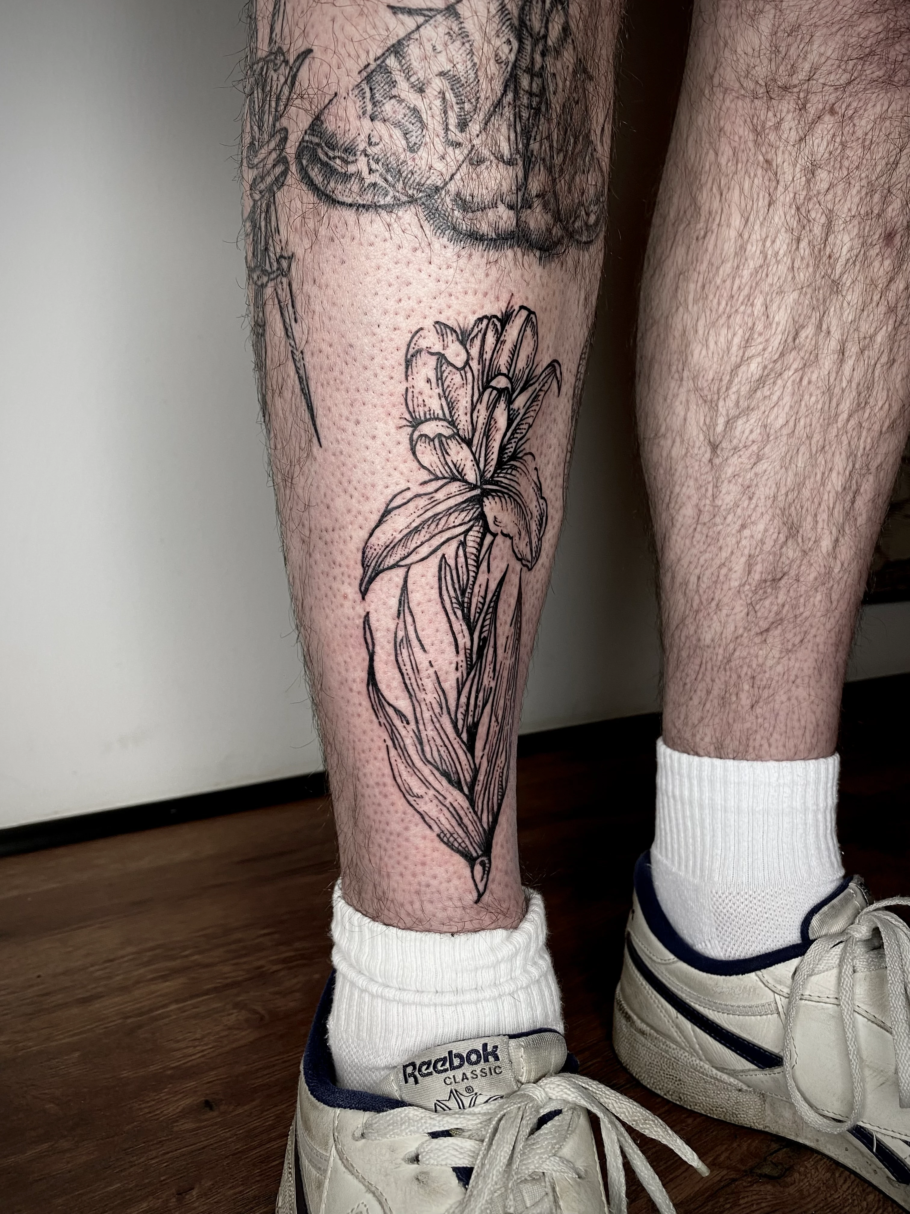 Engraving, Floral & Botanic and Linework tattoo by Gil