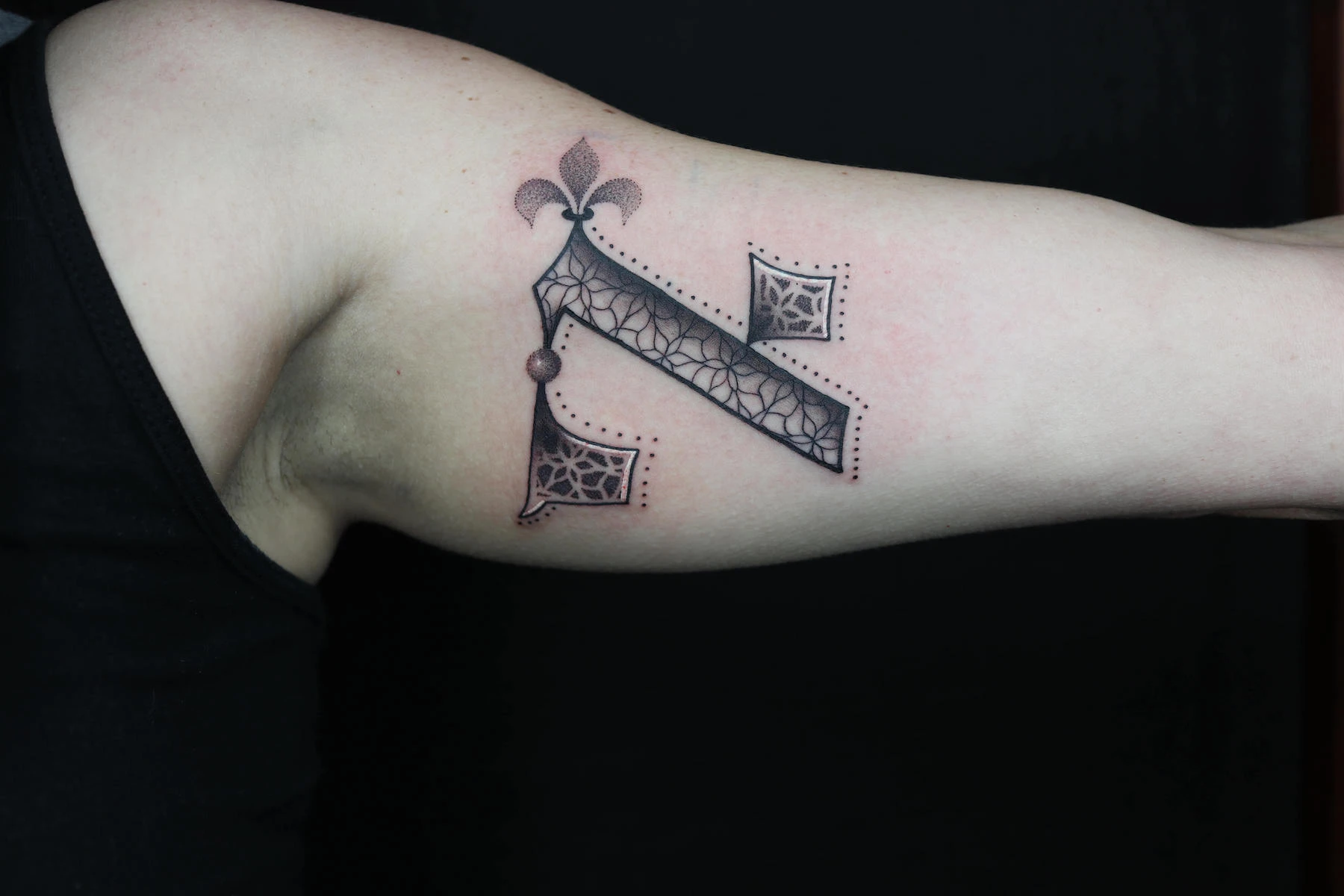 Blackwork, Dotwork and Script - Calligraphy tattoo by Ed Zlotin